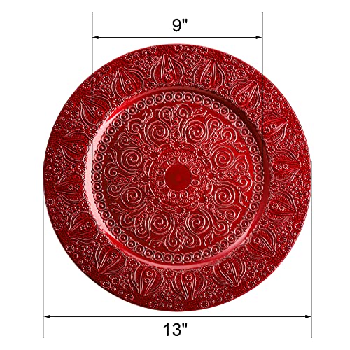 Hacaroa Set Of 12 Plastic Round Charger Plates, 13 Inch Red Chargers For Dinner Plates, Decorative Antique Wedding Chargers For Table Setting, Holiday, Party, Catering Event, Embossed Patterns #TOP1