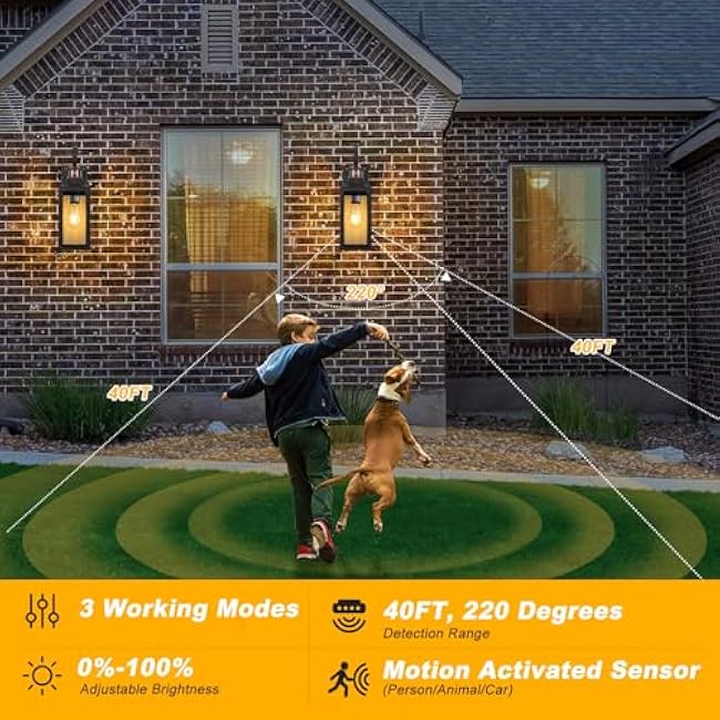 Motion Sensor Outdoor Wall Lights 2 Pack, Black Dusk to Dawn Light Fixtures Wall Mount, 16 Exterior Wall Sconces Waterproof, Large Outside Lamps for House, Modern Porch Lanterns 3 Modes