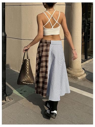 MakeMeChic Women's Y2k Striped Plaid Midi Skirt Low Waist Button Front Skirts2