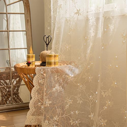 WestWeir Ivory Lace Curtains - Scalloped Edges, Pearls Décor Floral