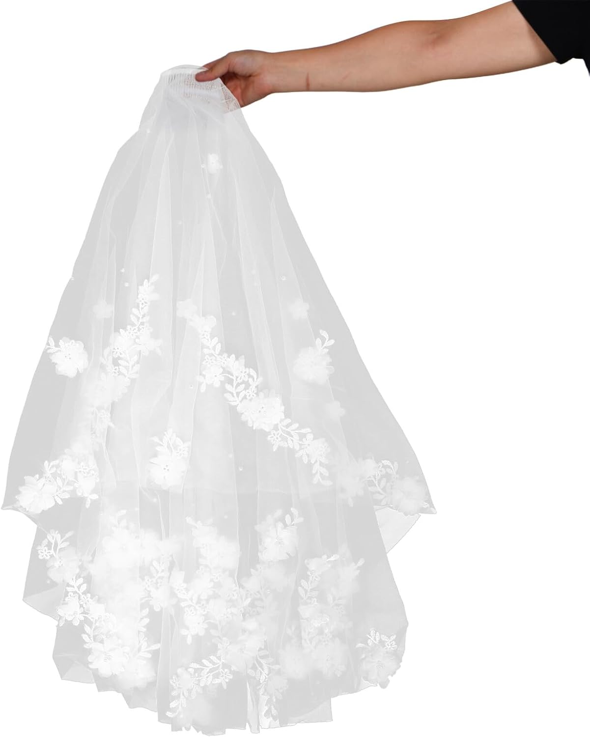 POPETPOP Bridal Veil with Pearls and 3d Flower Lace, Double Layer Short White Tulle Veil with Metal Comb for Brides Wedding Accessories