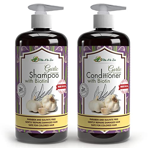 Vita A to Zee Garlic Hair Shampoo & Conditioner with Anti DHT Blocker Garlic Natural Hair Treatment for Hair Growth Loss Thinning & Itchy Scalp Sulfate & Paraben Free Cruelty Free & Vegan