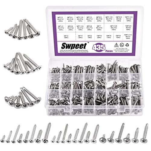 Swpeet Lot de 435 vis autotaraudeuses à tête ronde en acier inoxydable 304 et cruciformes à tête plate autotaraudeuse rapide en acier inoxydable 410