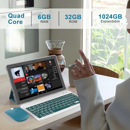 Image of Android 15 Tablet 10 inch, 2 in 1 Tablet with Keyboard, 6GB RAM+32GB ROM Support 1TB Expandable Tablets PC, Quad-Core CPU, HD Screen, BT, WiFi, Long Battery Life Tablets with Case Mouse Stylus, Navy
