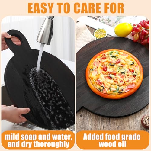 Image of 1 Pcs Acacia Wood Cutting Board with Handle 16.9'' Round Charcuterie Chopping Board for Pizza Cheese Meat Decorative Black Wooden Serving Tray for Kitchen and Dining Room
