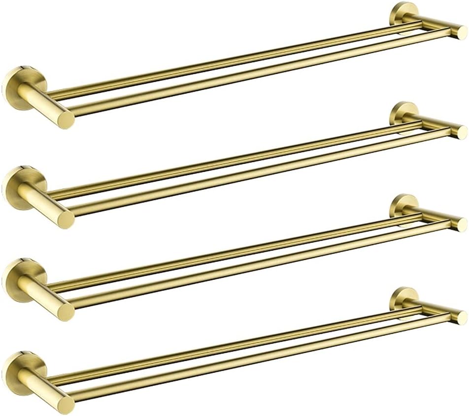 Golden Double Bar Bathroom Towel Rack Wall Mounted Towel Rail, Fashionable Brushed Gold Color Bathroom Hardware Accessories, Set of 2