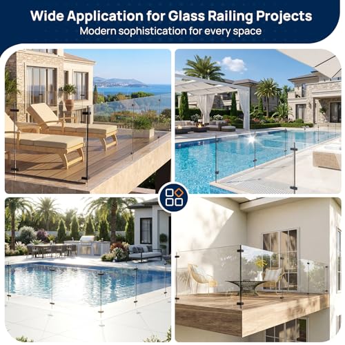 Image of 12 Pack Corner Railing Glass to Glass Clamps, Double Side Glass Clip | No Drilling in Glass, T304 Stainless Steel, Fits 3 /8 inch-1 /2 inch Glass Thickness, Modern Black, Suitable for Fence, Pool, Balcony