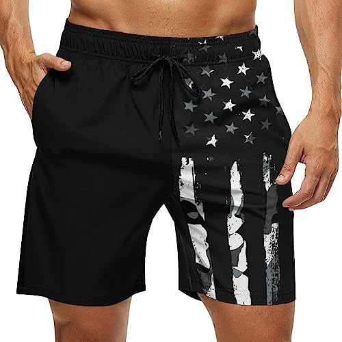 Mens Swim Trunks, Vintage Camo Distressed Black American Flag Camouflage USA Flag Beach Shorts Perfect Lining Swimwear Drawstring Beach Bathing Suits Pant with Pockets Mesh Lining XL