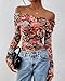 PRETTYGARDEN Women's Fall Tops 2025 Off The Shoulder Long Sleeve Fitted Y2k Shirts Floral Ruched Mesh Going Out Outfits(Floral Black Multicolored,Medium)