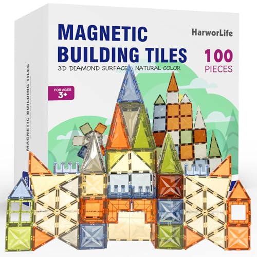 HarworLife 100 PCS Magnetic Tiles, Diamond Magnetic Blocks Building Set Magnet Tiles STEM Toys 3D Kids Preschool Educational Sensory Toys Gift for Toddlers Kids Boys Ages 3 4 5 6 7 8 9+ Year Old