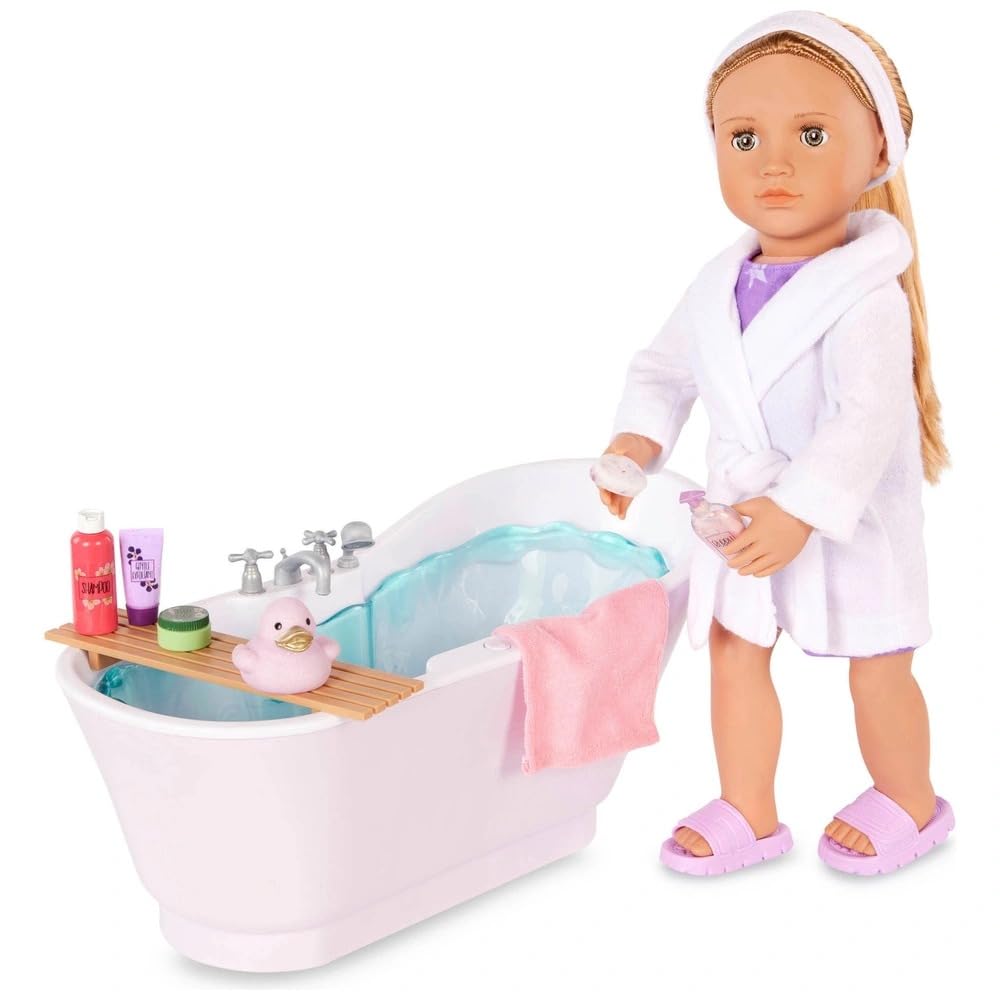 AIDNI Our G Deluxe Doll Bathtub Set with Bubble Bath Accessories, Bath Caddy and Spa Essentials, White and Turquoise