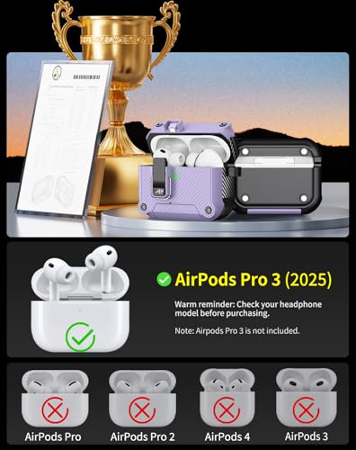 Image of Pohgelan for AirPods Pro 3 Case with Safety Lock-Purple | Carbon Fiber Texture Cover,Magnetic Automatic Lock with Cleaning Kit&Keychain,Compatible with Magsafe
