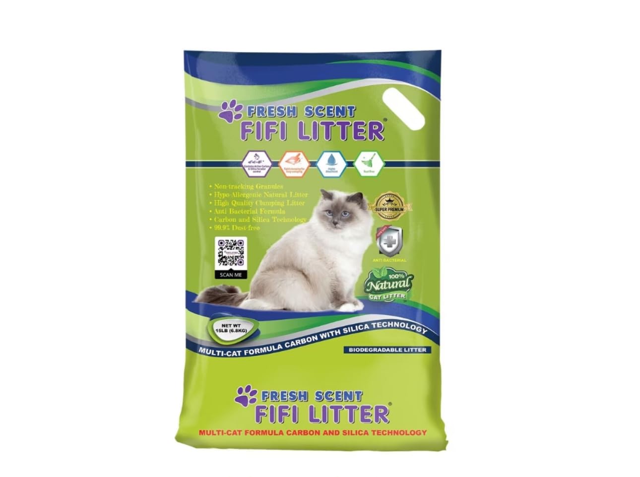 FIFI LITTER All Natural,Premium Multi-Cat Formula,Bentonite/Silica,15-Lbs. Hypoallergenic,Quick Clumping,99.9% Dust Free,Long -lasting Odor Control,Non-Tracking, Super Absorbent, Fresh Scent