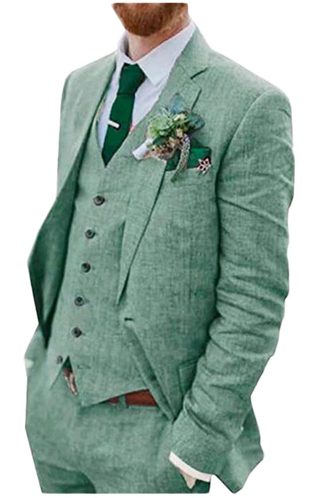 Botong Men's Green 3 Pc Linen Wedding Suits Two Buttons Groom Tuxedos Single Breasted Beach Wedding Suit Business Suit 46 Chest / 40 Waist