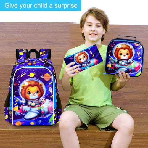 Image of UFNDC 3PCS Boys Lion Bookbag, Kids Space Backpack with Lunch Box, Water Resistant Rocket School Bag for Elementary Preschool Toddler