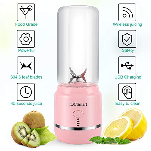 Iocsmart Portable Personal Size Blender, Usb Rechargeable Mini Juicer Blender For Smoothies And Shakes With 2 Juice Cup Portable On The Go Travel Sports Kitchen (Pink) #TOP1