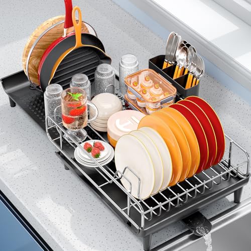 TOOLF Expandable Dish Rack, Dish Drying Rack for Kitchen Counter, Foldable Dish Dryer Rack, Stainless Steel Dish Drainer Racks with Cutlery Holder, Collapsible Dish Drying Racks Large Size,Black by TOOLF - Image 9