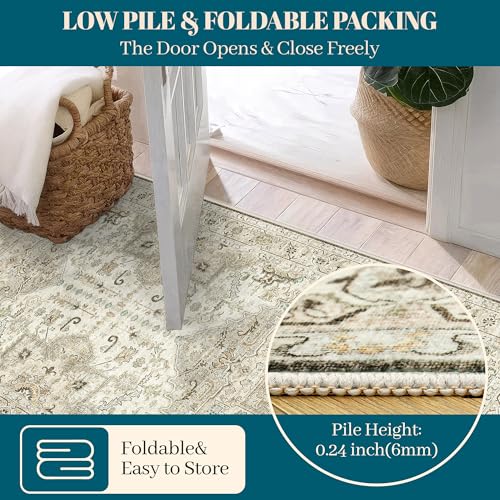 Madane 3x12 Hallway Runner Rug - Non Slip Washable 12ft Runner for Hallways Soft Vintage Kitchen Rugs Low-Pile Carpet Runner for Entryway Bathroom Thin Floor Mat for Bedroom Dining Room, Ivory/Brown