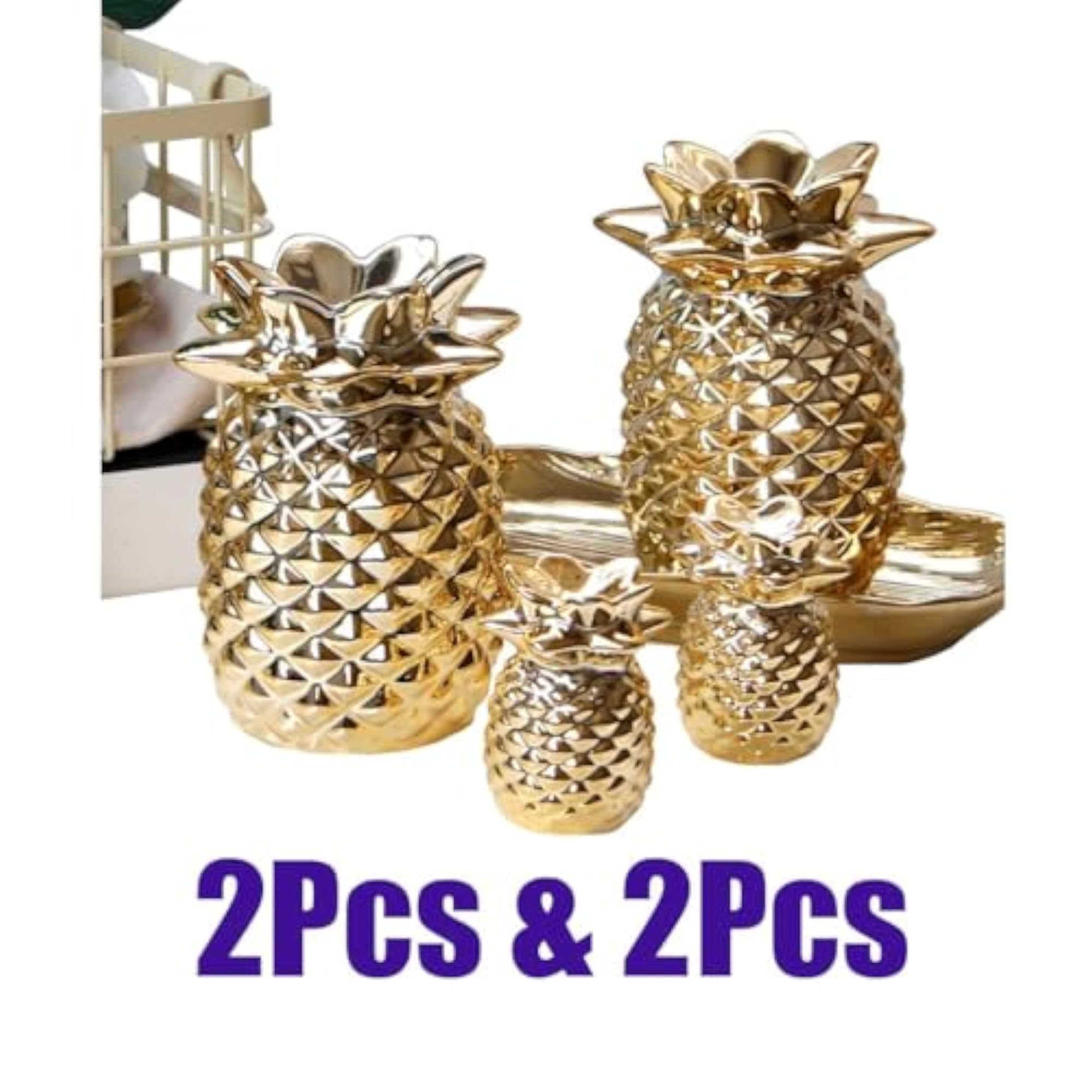 2 Set Ceramic Golden Pineapple Figurine Ornament