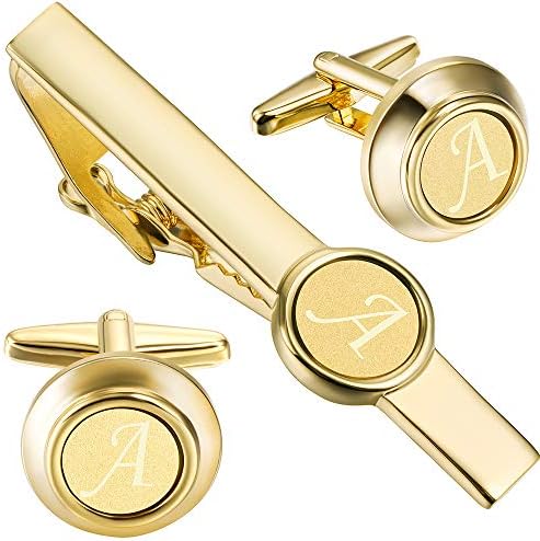 HAWSON 2 inch Tie Clips and Cufflinks Sets for Men A-Z Gold Engraved Letter Cufflinks and Tie Clips Sets for Formal Business Wedding - A