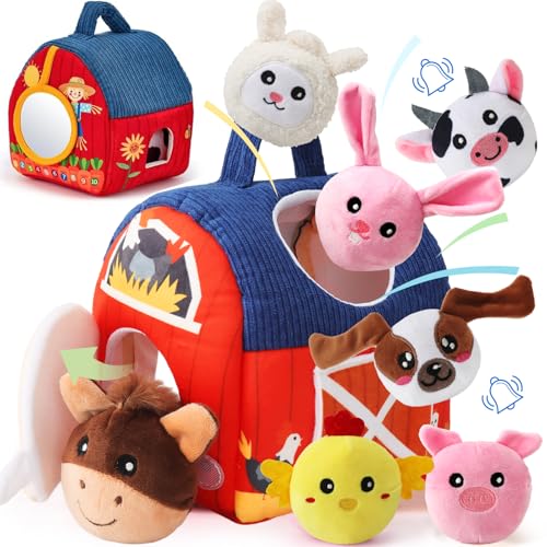 USHOP Brinquedos bebés 6-12 meses, conjunto de quinta com 6 animais, animais de quinta montessori brinquedos sensoriais com choques, espelho, celeiro, rugas, conjunto de aprendizagem para bebés 3 6 12