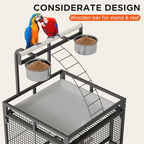 60 Inch Wrought Iron Large Bird Cage with Rolling Stand, Metal Parrot Cage with Play Top & 4 Stainless Steel Bowls for African Grey Cockatiel Sun Parakeet Green Cheek Conure Lovebird Budgie, Black