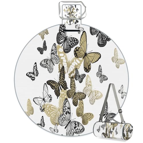 Shimoshe Butterfly Print Picnic Outdoor Blanket Foldable Waterproof Sandproof Beach Blanket Portable Water-Resistant Round Picnic Mat for Travel Camping Park Lawn