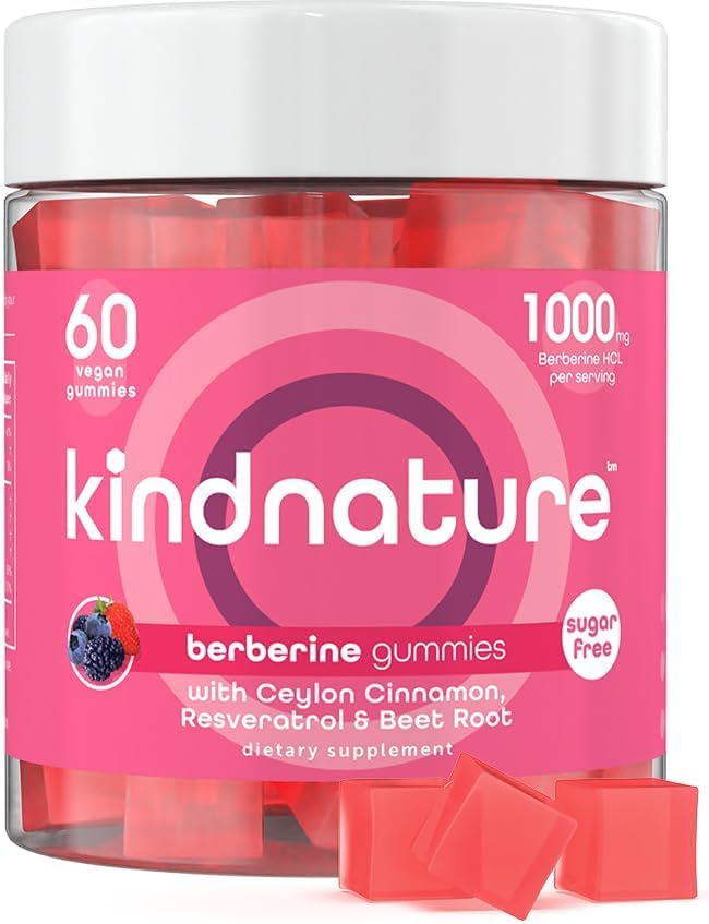 kindnatureBerberine Gummies 1000mg with Ceylon Cinnamon & Resveratrol – Sugar-Free Vegan Supplement for Blood Sugar Support, Metabolism, Cravings Wellness – Non-GMO, Gluten-Free