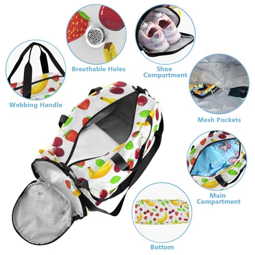 Strawberry Cherry Leaf White Kids Travel Duffel Bag for Boys Girls Overnight Weekend Tote Bag with Shoes Compartment for Sleepover Trip Beach4