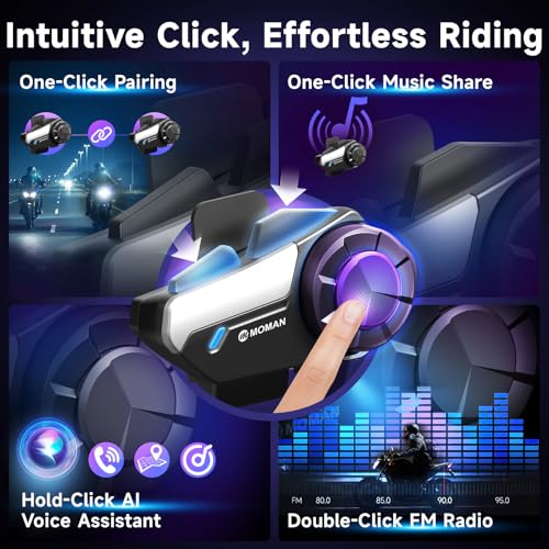 Image of Moman Motorcycle Intercom, H2S Motorbike Helmet Headset 2-Way 1000M Communication System with Triple Noise Cancellation Audio Multitasking Hi-Fi Stereo Music Sharing FM AI Voice Waterproof, 1 Pack