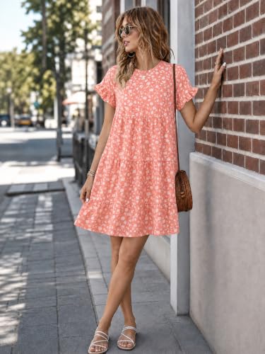 Image of Imysty Womens Boho Floral Ruffle Sleeve Babydoll Loose Flowy Casual Summer Pleated Mini Dress