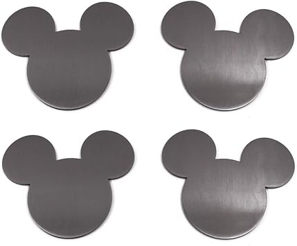 4 Pcs Set Silver - Mickey Head Stainless Steel Drink Coasters Non-Slip Anti-Scratch Kitchen Table Camper Coaster Set of 4 with Holder