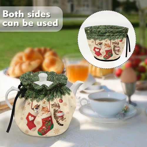Image of Cute Cat Print Tea Pot Cosy Christmas Teapot Insulation Cover Drawstring Design Breakfast Warmer with Insulation Pad 6.1x6.1x6.9 Inch Tea Cozy for Teapot
