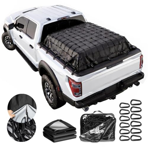 Finiboko Cargo Net for Pickup Truck Bed 4 x 6 Stretches to 8 x 12 - Small Mesh Bungee Net Cargo Netting with Portable Truck Bed Tarp Cargo Net Suitable for Daily and Rainy Day Loading of Trucks