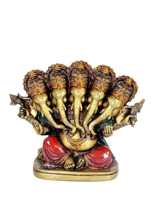 Image of Resin Panchmukhi Ganesha Decorative Showpiece, Panchmukhi Ganesha Idol, Home Decor, Office Gift Item, Multicolour, Height 5 Inches
