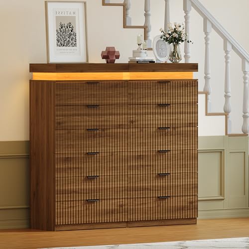 Image of Tall 6 Drawer Dresser with LED Lights and Charging Station, 53 inch Tall Wood Fluted Dresser for Bedroom, Walnut Modern Chest of Drawers for Closet Organizer Cabinet for Living Room, Hallway