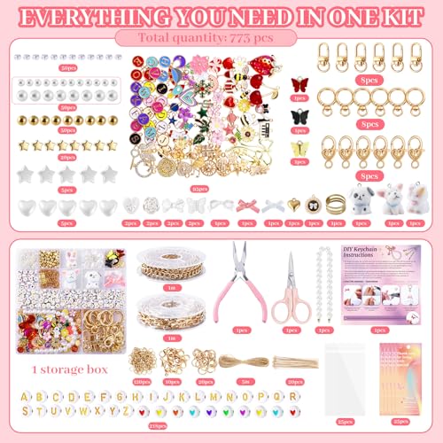 Image of Wurosi 773 Pcs Beaded Keychain Making Kit, Bag Charm Kit, with Chains, Charms & Letter, Key Chain Hooks, Jump Rings, Manual, Gift Bgas, Storage Box & Tools, DIY Crafting and Jewelry Making for Adult