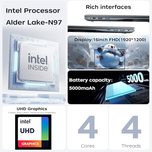 ACEMAGIC Laptop Computer 16 Zoll - Quad-Core Alder Lake N-97 Prozessor bis zu 3.6GHz (Beat N5095) Notebook Computer, 16GB Ram DDR4 512GB SSD PC Laptops mit FHD Display, 2.4G/5G WiFi, BT5.0, HDMI – Bild 3
