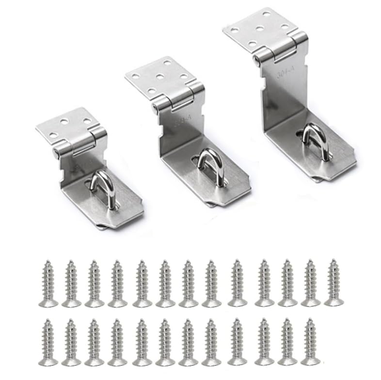 Image of 3 Sizes of 90 Degree Stainless Steel Padlock Hasp Latch: Heavy-Duty Door Lock Latch for Enhanced Security for Garden Gates Pet Doors Closet Door and All Kinds of Doors Windows Drawers Storage Boxes