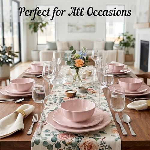 Image of Sango 12 Pieces Scalloped Dinnerware Set, Modern Pink Dishes for 4, Premium Serving Plates & Bowls Sets, Chip Resistant, Blush Ceramic Dishware, Kitchen Dish, Microwave & Dishwasher Safe, Bethany