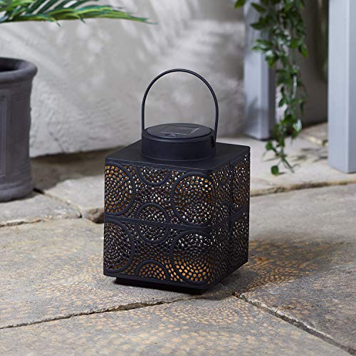 Lights4fun Farol Solar en Metal Negro de 19,5cm Estilo Marroquí con LED Blanco Calido para Exteriores
