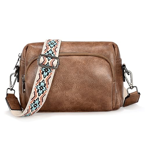 UTO Crossbody Bags for Women Triple Zipper Purse Leather Handbag with Colored Adjustable Wide Shoulder Strap