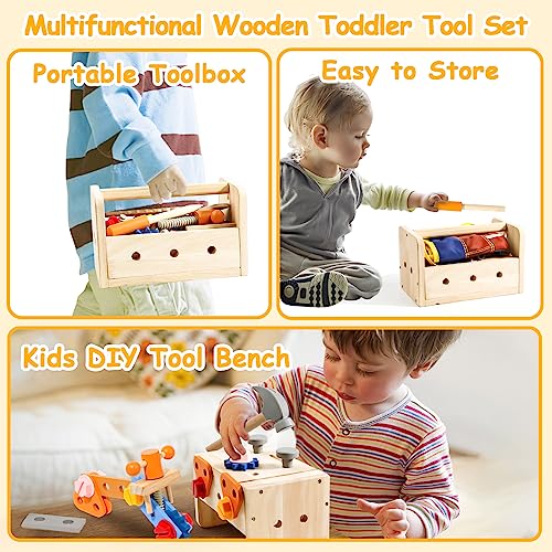 Tonze Kids Tool Set With Apron, Wooden Toddler Tool Bench Montessori Toys For 2 3 4 Year Old 39 Pcs Educational Stem Construction Toys For Ages 2-4 Pretend Play Toddler Tool Birthday Gift For Boy Girl thumb #4