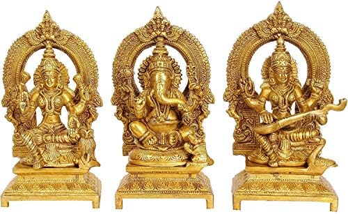 White Whale Brass Hindu God Ganesha and Goddess Laxmi Saraswati Idol Statue Murti