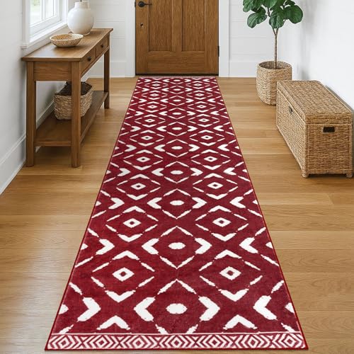 KILOCOCO Hallway Runner Rug 2.6'x10' Christmas Runners for Hallways Red Washable Runner Printed Soft Non Slip Laundry Room Rugs Low-Pile Runners for Bedroom Kitchen Living Room Boho Rug