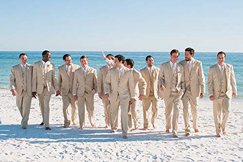 Mens Slim Fit Beige Ivory 2-Pieces Wedding Tuxedo Groomsmen Men Blazer Pant Vest Beach Suit3