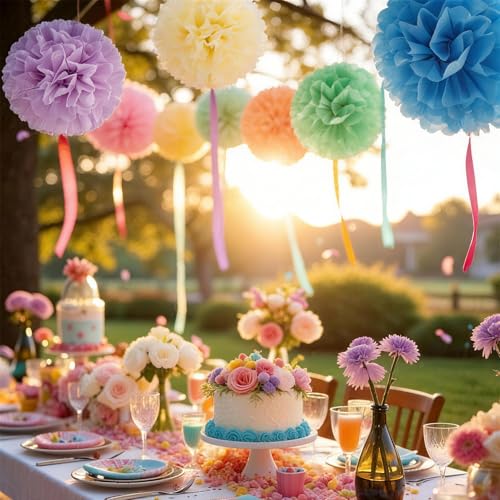 Image of EASY JOY 15PCS Pastel Paper Tissue Pom Poms Decoration Macaron Rainbow Candy Ice Cream Easter Flowers Wall Hanging Decor for Birthday Wedding Baby Shower