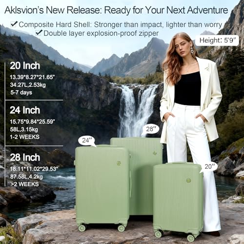 Image of Luggage Sets 3 Piece (20 /24 /28 inch)-Carry On Suitcase-Suitcase With Wheels-PC+ABS - Hardside Spinner Travel Luggage, Black, 7 Pcs Set, Hardside Luggage Sets With Spinner Wheels (GREEN)