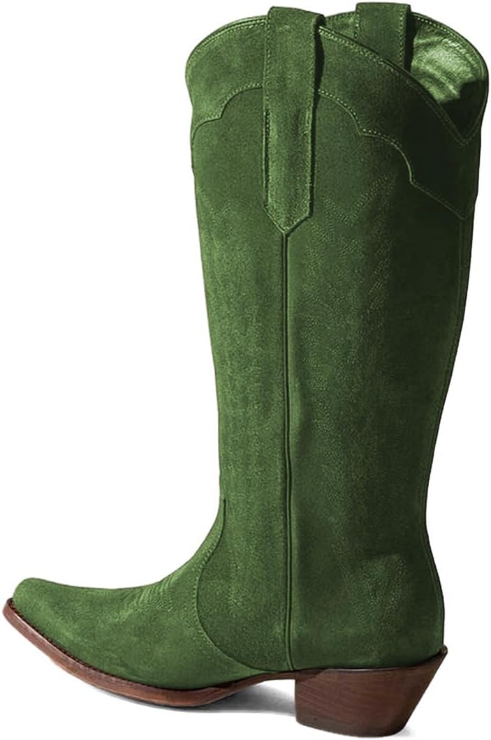 YDN Women's Sexy Pointed Toe Pull On Mid Calf Boots Chunky Block Low Heels Basic Comfy Booties Shoes for Daily Dressy Casual Party Office Size 4-16 US