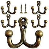 5 Pack Antique Bronze Utility Hooks for Hanging Wall Mount Hanger Heavy Duty Vintage Hook Coat Hooks Double Prong with Screws for Clothes, Towel, Key, Purse, Robe, Scarf, Bag, Cap, Pet leashes